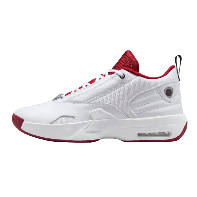 White and red low-top sneaker with a sleek design, featuring an Air Max unit in the sole, red accents on the tongue and heel, and a black pull tab.