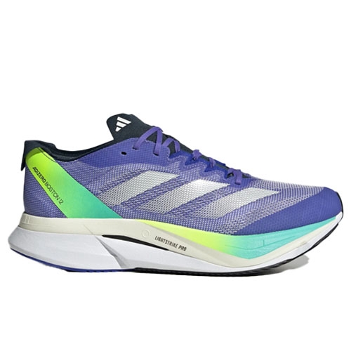 A purple and green athletic running shoe with the brand's logo on the side, featuring a sleek design and a high, cushioned sole for support.