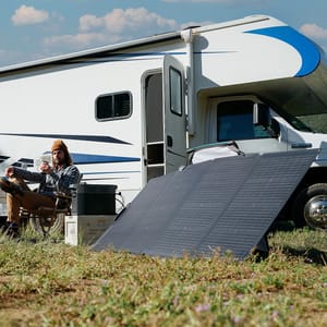 A person relaxes next to a motorhome with a portable solar panel and a power station on the ground.