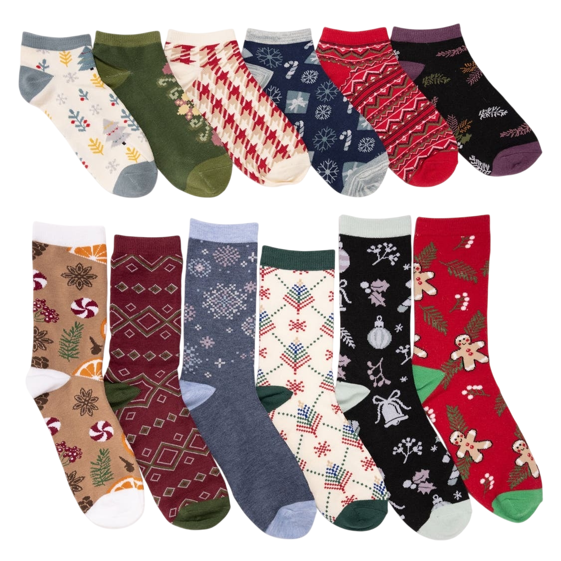 A collection of colorful, patterned socks with holiday and winter themes, featuring designs like snowflakes, gingerbread men, and festive geometric patterns.