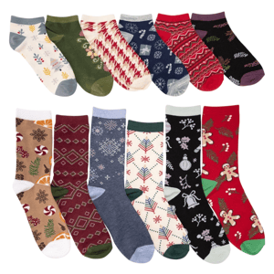 A collection of colorful, patterned socks with holiday and winter themes, featuring designs like snowflakes, gingerbread men, and festive geometric patterns.