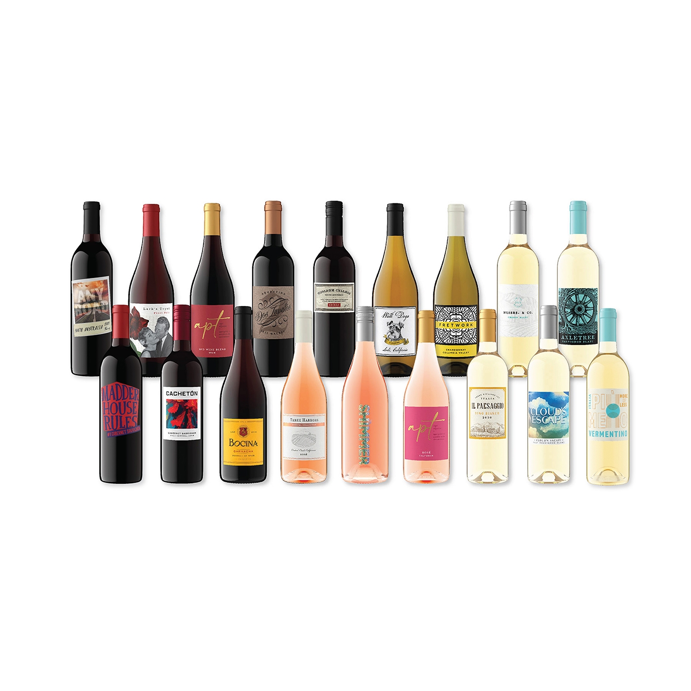 A variety of twelve wine bottles, including red, white, and rosé, with diverse label designs.