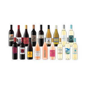 A variety of twelve wine bottles, including red, white, and rosé, with diverse label designs.