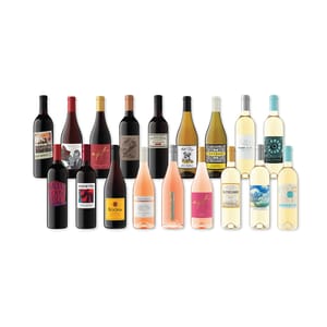 A variety of twelve wine bottles, including red, white, and rosé, with diverse label designs.
