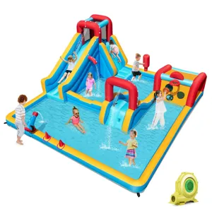 Inflatable water park for kids featuring multiple slides, a splash pool, and water cannons, with a blower for inflation.