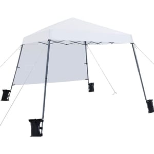 A white 10' x 10' canopy tent with a slanted roof supported by four metal legs, featuring black weights on each leg and attached ropes for stability. It also includes a fabric panel on one side.
