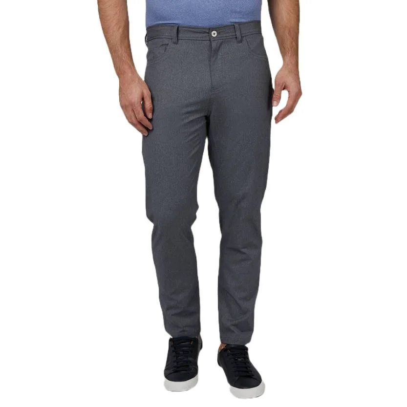 Men's gray stretch woven pants with a button closure, belt loops, and side pockets, paired with black sneakers.