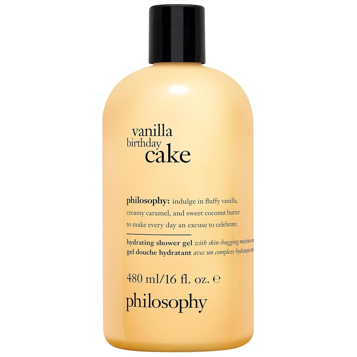 Philosophy Vanilla Birthday Cake hydrating shower gel, 480 ml/16 fl. oz., features scents of vanilla, caramel, and coconut butter.