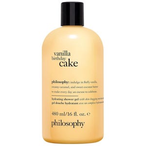 Philosophy Vanilla Birthday Cake hydrating shower gel, 480 ml/16 fl. oz., features scents of vanilla, caramel, and coconut butter.