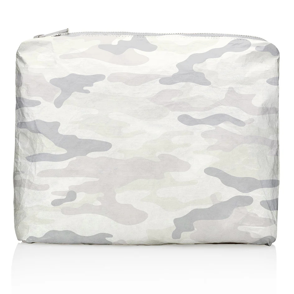 A zippered pouch features a light gray and white camouflage pattern.