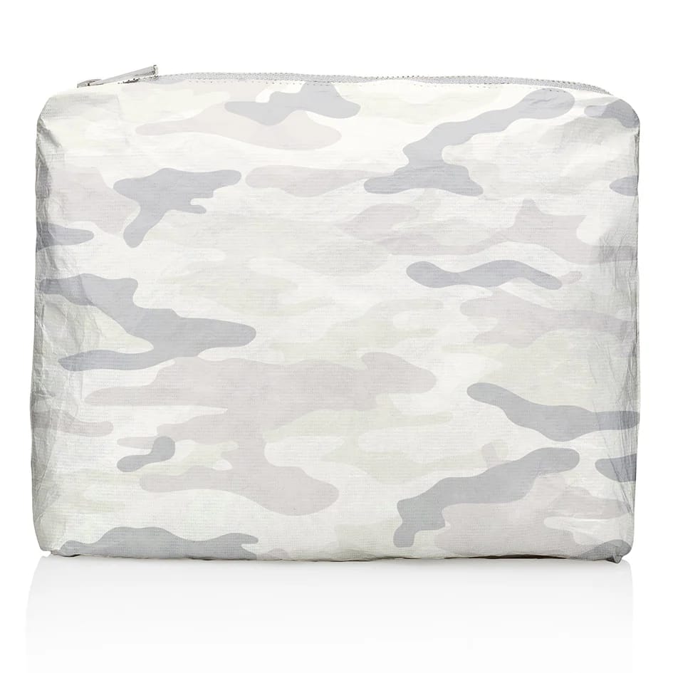 A zippered pouch features a light gray and white camouflage pattern.