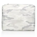 A zippered pouch features a light gray and white camouflage pattern.