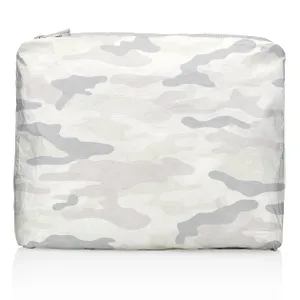 A zippered pouch features a light gray and white camouflage pattern.