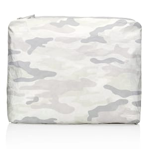 A zippered pouch features a light gray and white camouflage pattern.