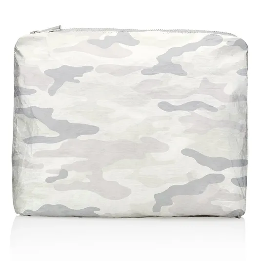 A zippered pouch features a light gray and white camouflage pattern.