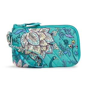 A teal wristlet with a floral pattern adorns the front and a detachable wrist strap on the side.