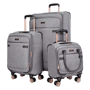 A set of three gray suitcases with wheels and telescoping handles, each one smaller than the next.