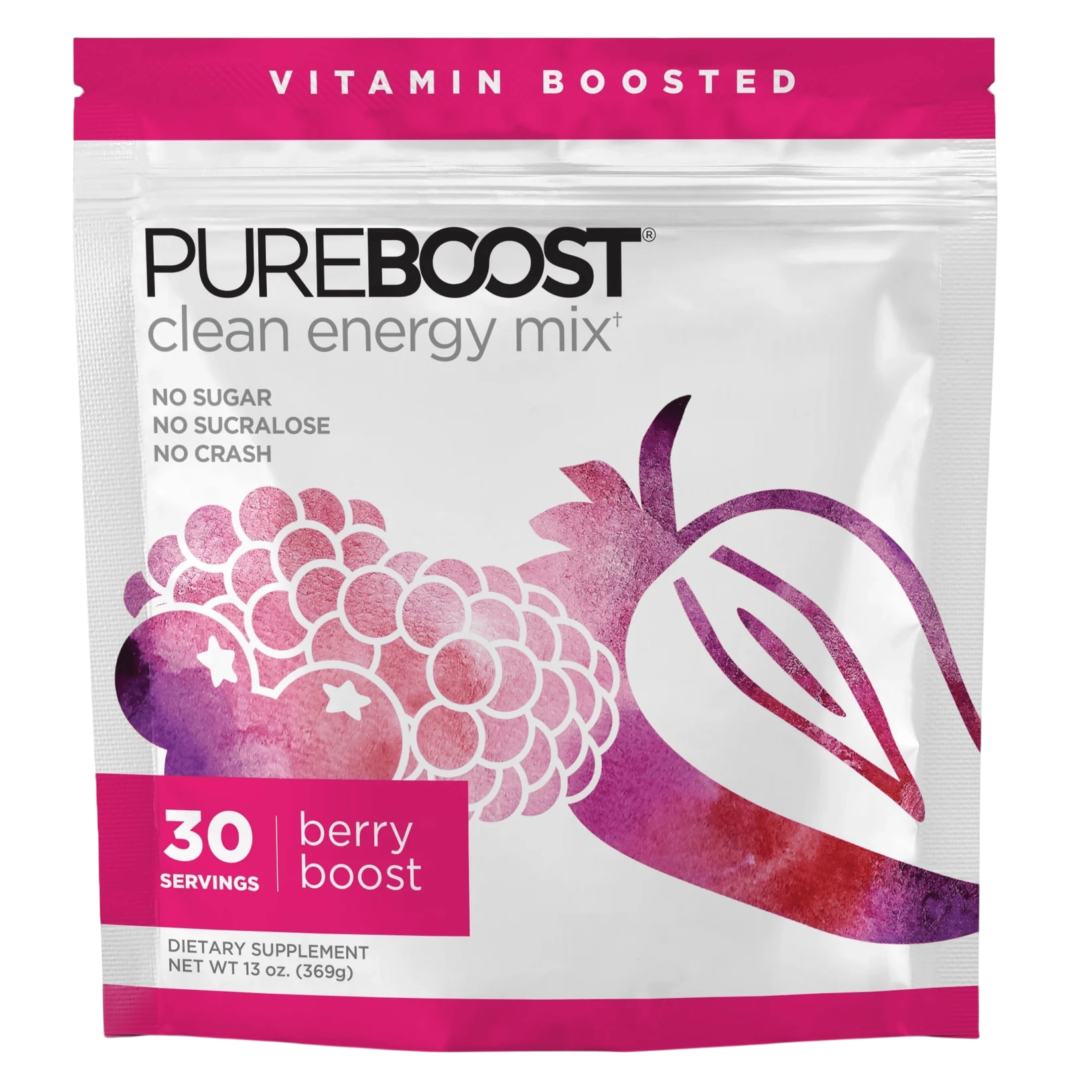 PureBoost clean energy mix, Berry Boost flavor, offers 30 servings with no sugar, no sucralose, and claims no crash. Net weight is 13 oz (369g).
