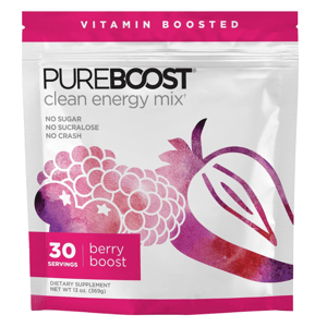 PureBoost clean energy mix, Berry Boost flavor, offers 30 servings with no sugar, no sucralose, and claims no crash. Net weight is 13 oz (369g).