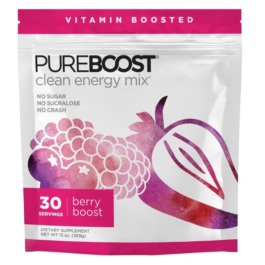 PureBoost clean energy mix, Berry Boost flavor, offers 30 servings with no sugar, no sucralose, and claims no crash. Net weight is 13 oz (369g).