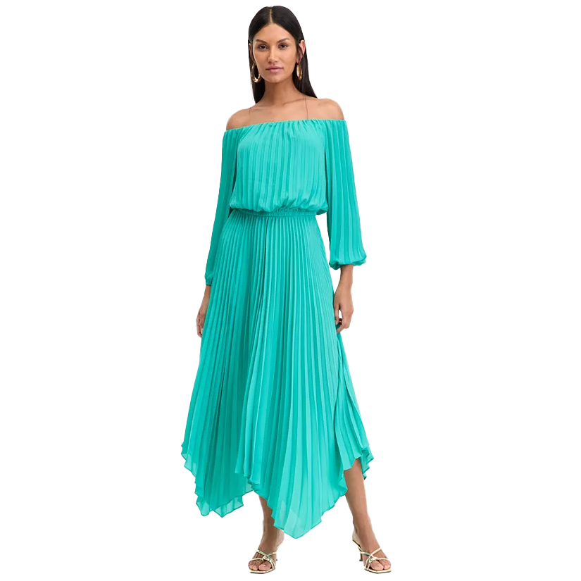 A turquoise off-the-shoulder, long-sleeve dress with a pleated design and an asymmetrical hemline, paired with open-toe heels.