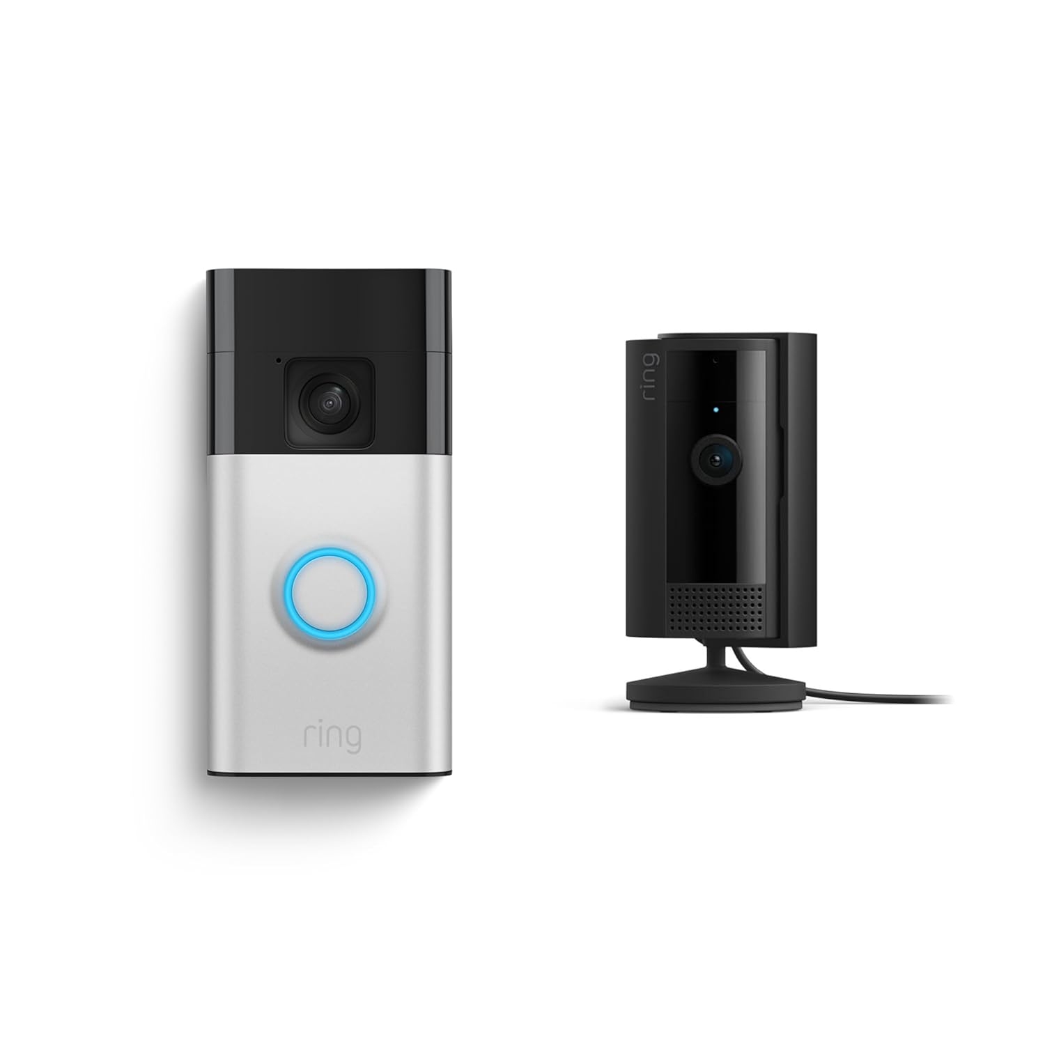 Ring Doorbell and Ring Indoor Cam; a rectangular doorbell with a camera and a circular button, and a small, cylindrical indoor camera with a stand and power cable, both in a two-tone black and silver design.