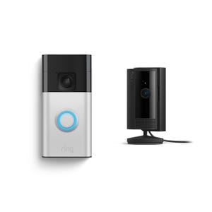 Ring Doorbell and Ring Indoor Cam; a rectangular doorbell with a camera and a circular button, and a small, cylindrical indoor camera with a stand and power cable, both in a two-tone black and silver design.