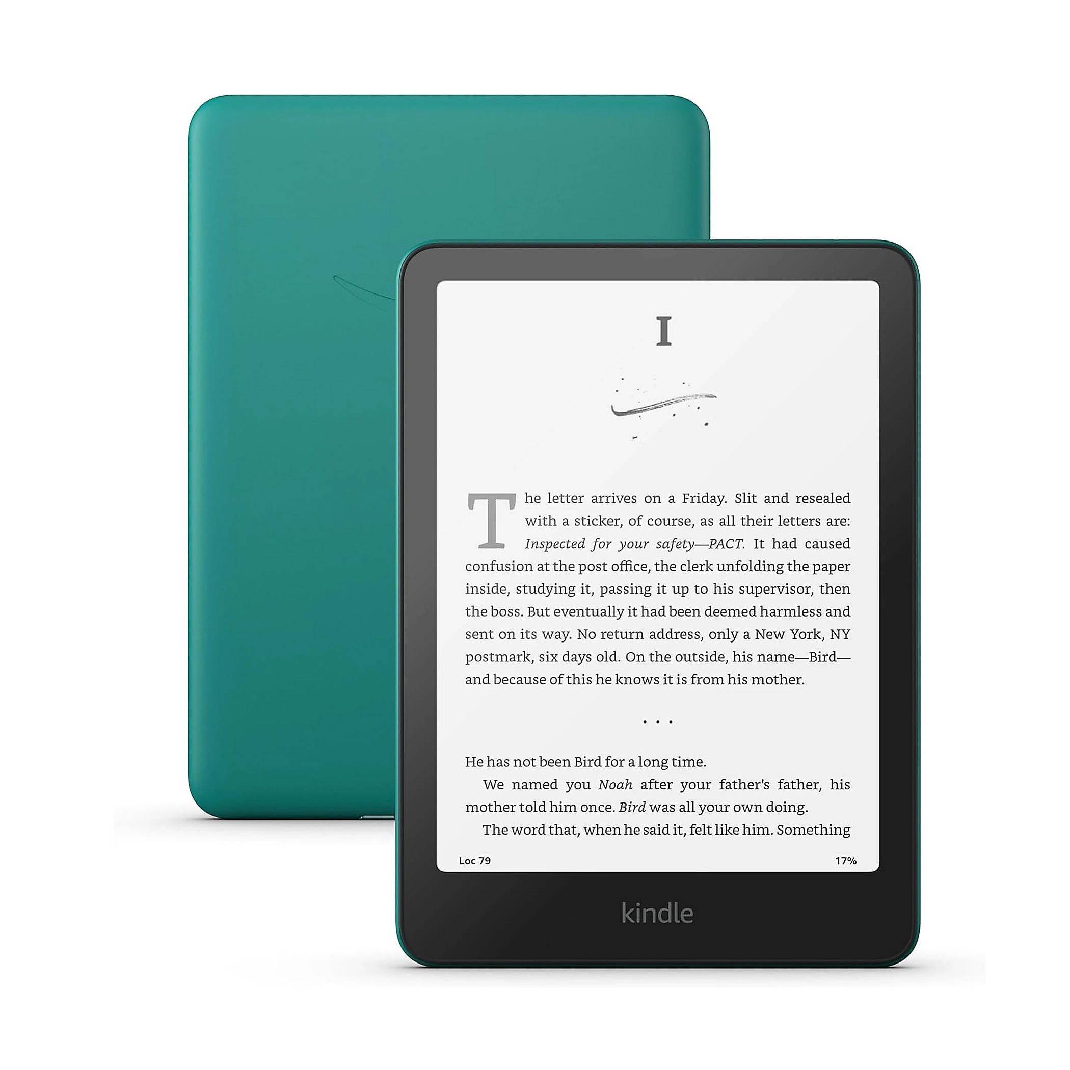 Kindle Paperwhite in a teal case, showcasing its e-ink display. The text features a book excerpt for easy reading.