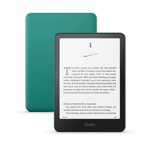 Kindle Paperwhite in a teal case, showcasing its e-ink display. The text features a book excerpt for easy reading.
