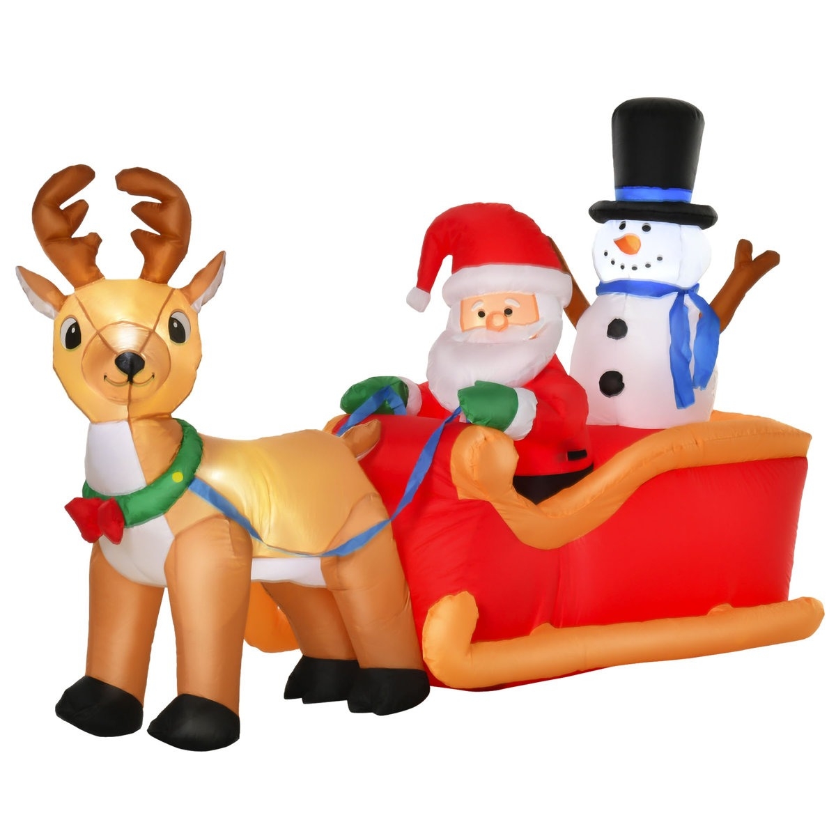 Inflatable holiday decoration featuring Santa Claus and a snowman in a sleigh, pulled by a reindeer.