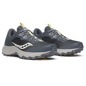 Trail running shoes with a rugged design, featuring a dark gray color, durable mesh upper, and cushioned sole with a pronounced grip pattern.