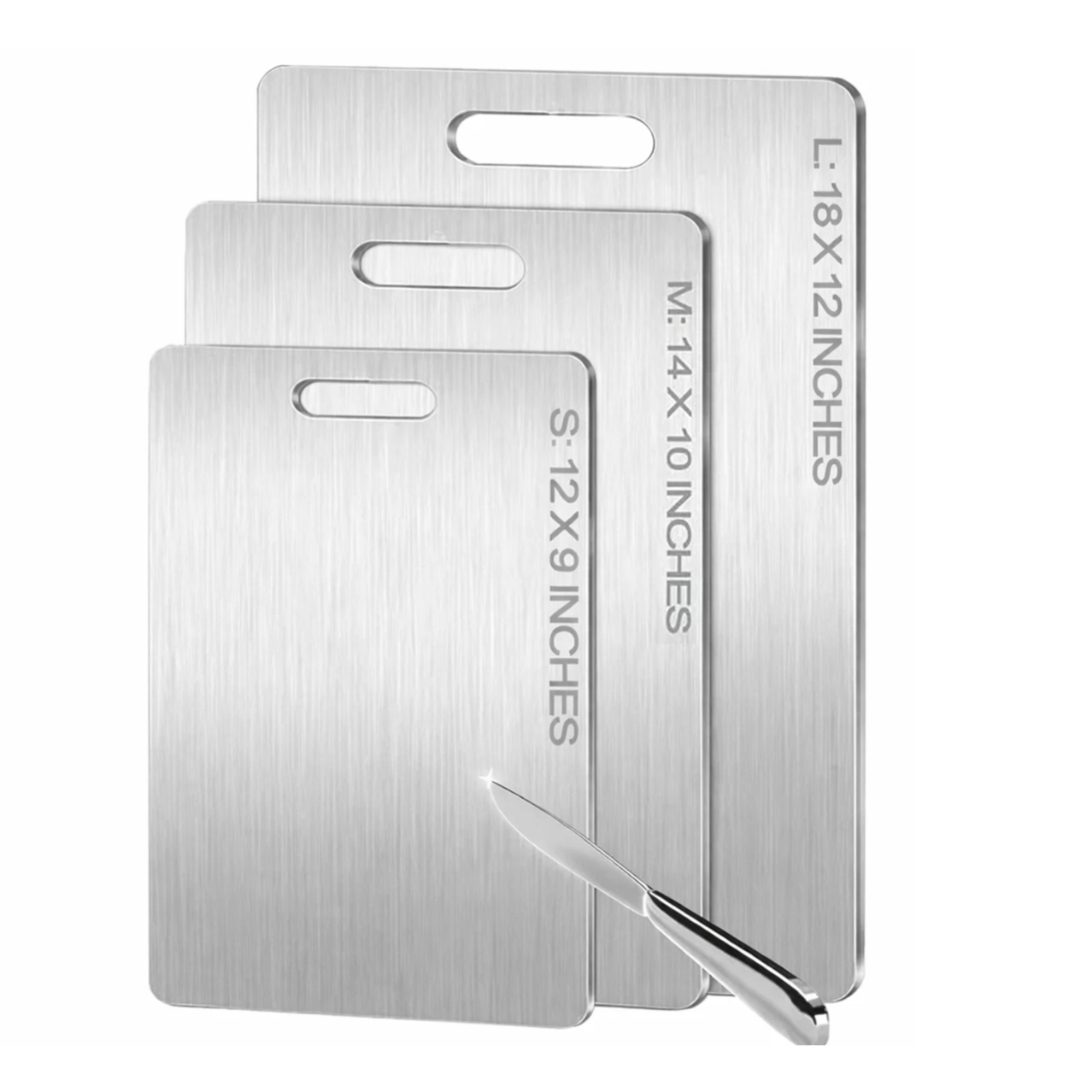 Three stainless steel cutting boards with handles are shown, labeled with sizes: S: 12x9 inches, M: 14x10 inches, L: 18x12 inches. A knife is also visible.