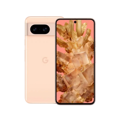 A pink Google Pixel smartphone with a dual camera module on the back and a crystal-themed wallpaper on the screen.