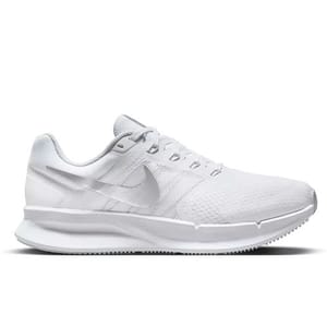 A white athletic shoe with a sleek design and a prominent swoosh logo, featuring a mesh upper and cushioned sole.
