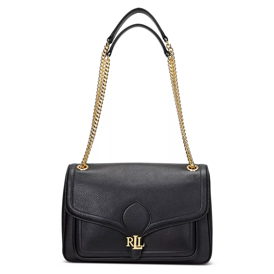 Black leather shoulder bag with gold chain straps and a front flap. Features \“RLL\“ logo in gold hardware on the front.