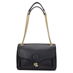 Black leather shoulder bag with gold chain straps and a front flap. Features \“RLL\“ logo in gold hardware on the front.