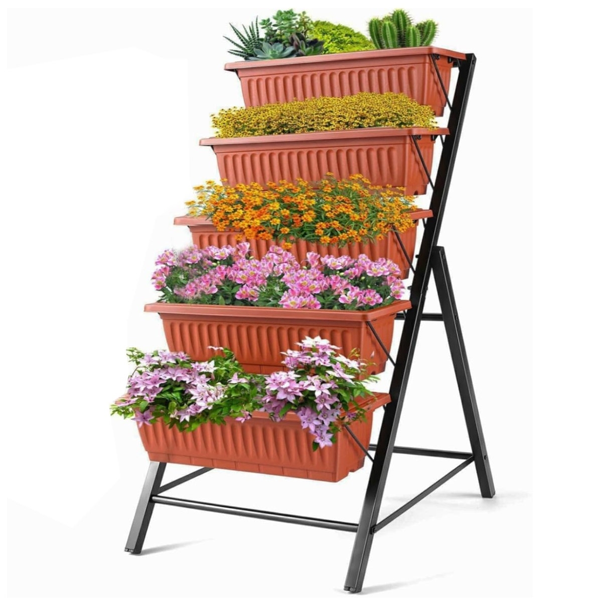 A multi-tiered plant stand with terracotta-colored planters arranged vertically, holding various plants and flowers, supported by a black metal frame.