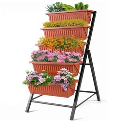 A multi-tiered plant stand with terracotta-colored planters arranged vertically, holding various plants and flowers, supported by a black metal frame.