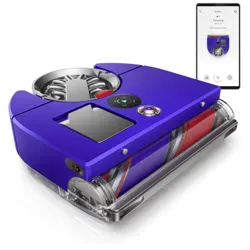 A blue robotic vacuum cleaner with a visible brush roll and smartphone app interface for remote control and monitoring.