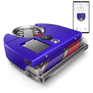 A blue robotic vacuum cleaner with a visible brush roll and smartphone app interface for remote control and monitoring.