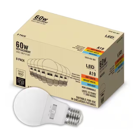 An 8-pack of 60W equivalent soft white LED light bulbs, each using 8.5 watts of power.