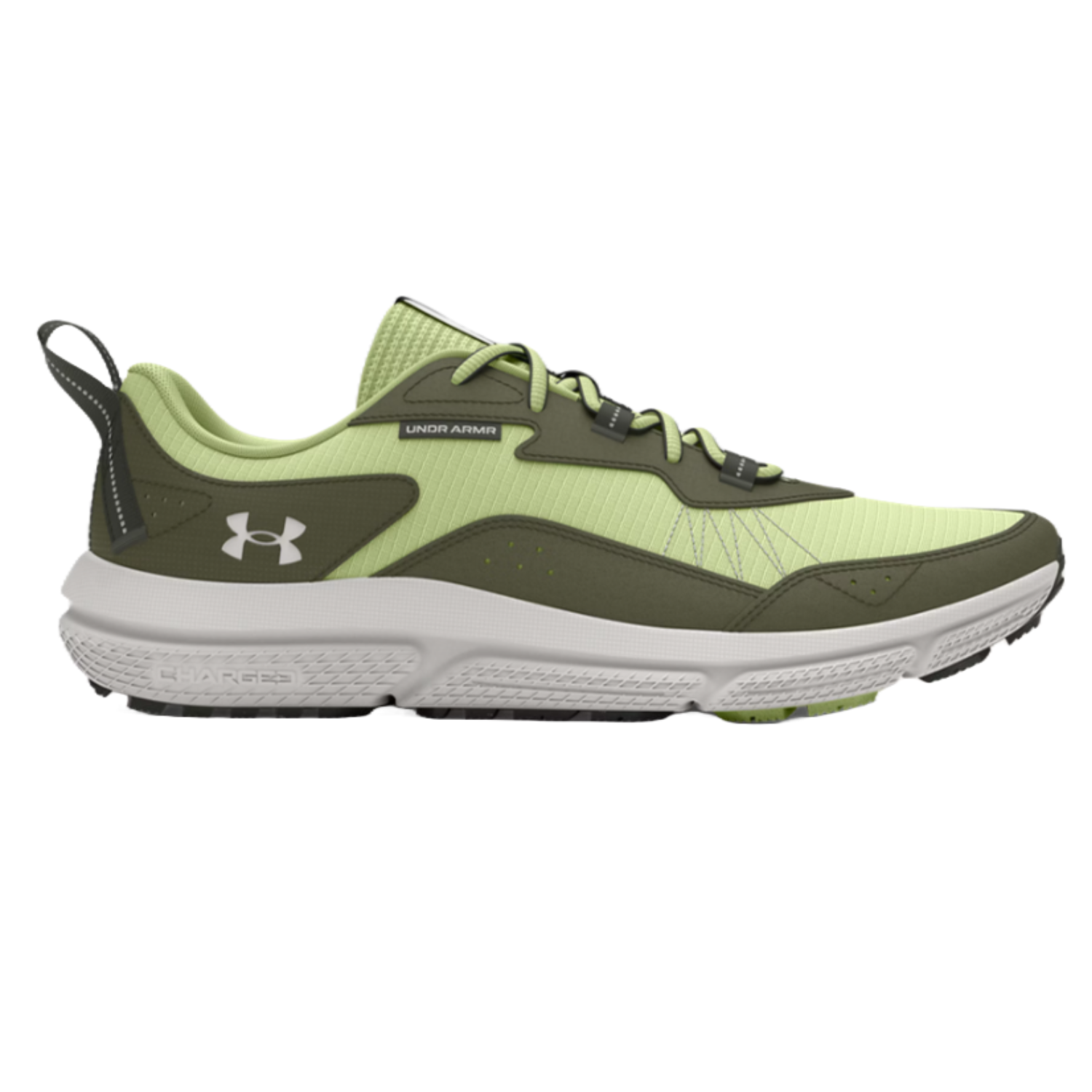 Under Armour running shoe in lime green and olive, featuring a white sole with Charged cushioning technology.