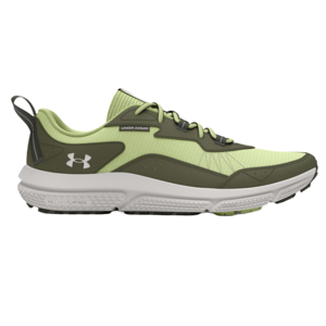 Under Armour running shoe in lime green and olive, featuring a white sole with Charged cushioning technology.
