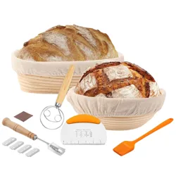 A bread-making set featuring two proofing baskets with dough liners, a dough whisk, a dough scraper, a silicone brush, and a dough scoring tool with additional blades.