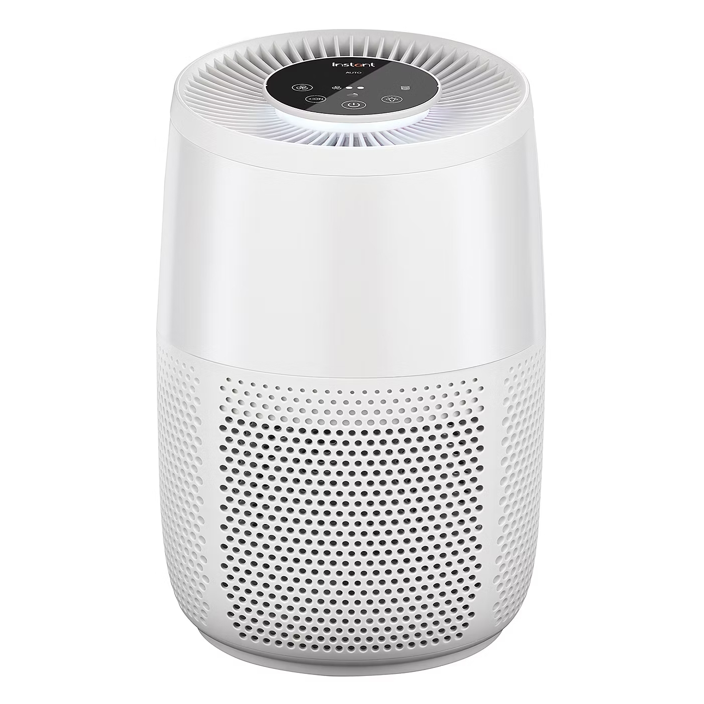 Instant HEPA Air Purifier with a compact design for air filtration, featuring a cylindrical shape with a perforated lower section and a top control panel.