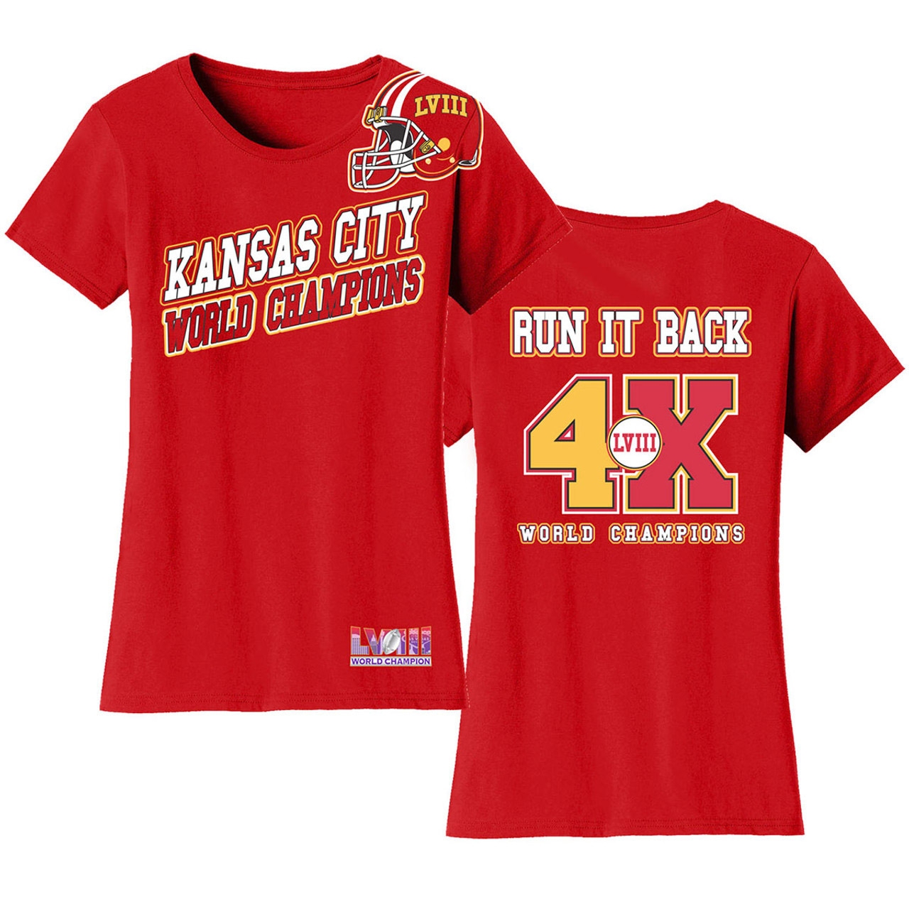Two red women's T-shirts with Kansas City World Champions graphics; one features a football helmet and the other the text \“Run it back\“ with roman numerals \“LIV.\“