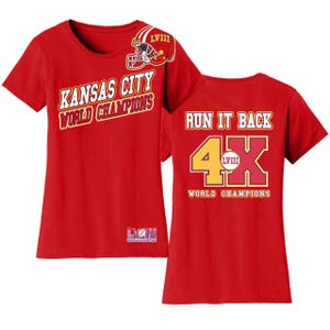 Two red women's T-shirts with Kansas City World Champions graphics; one features a football helmet and the other the text \“Run it back\“ with roman numerals \“LIV.\“