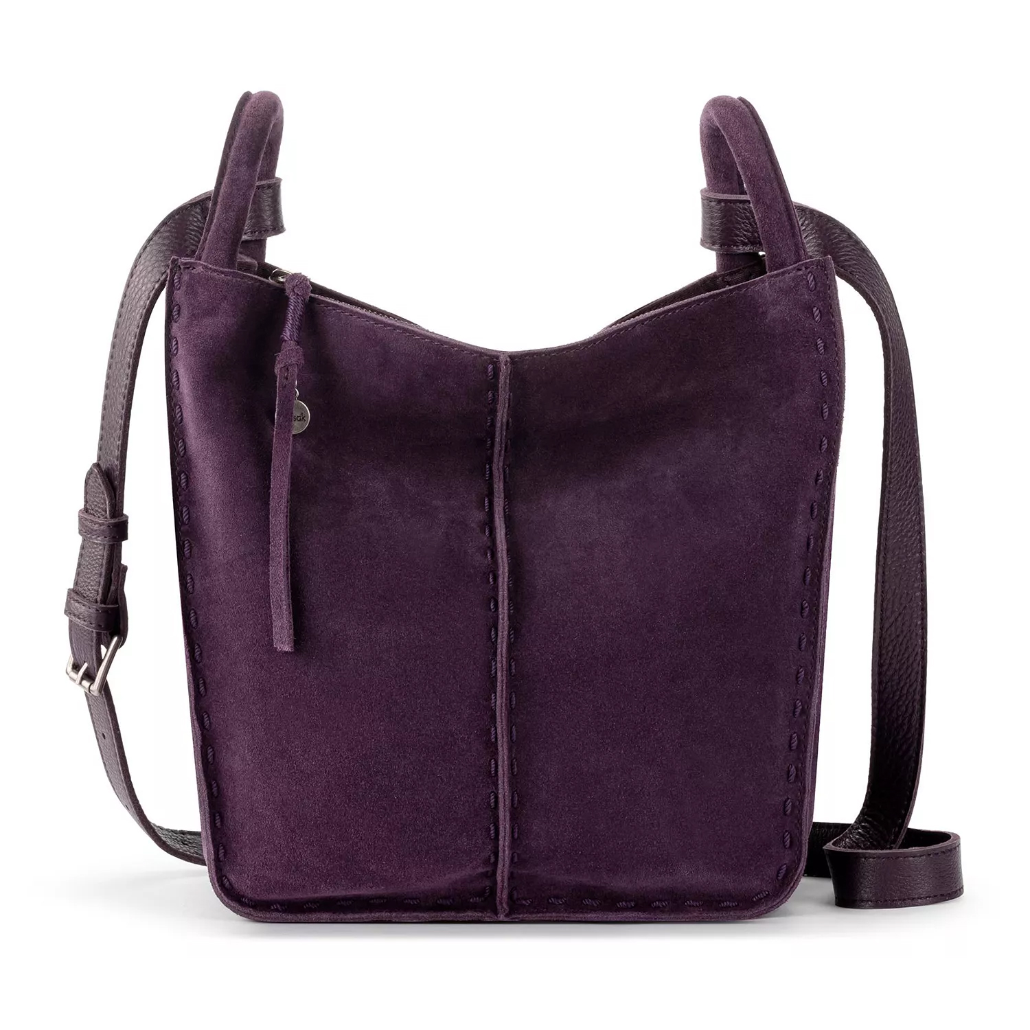 A purple suede crossbody bag with stitching details, an adjustable leather strap, and a simple, minimalist design.