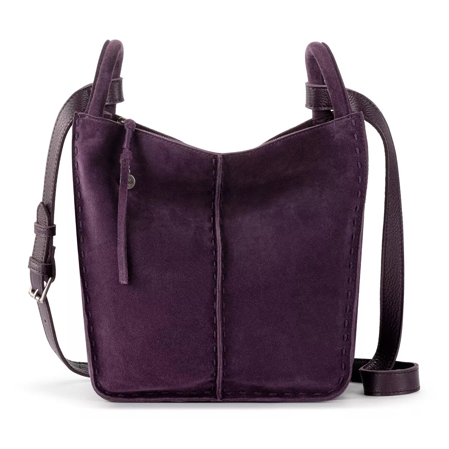 A purple suede crossbody bag with stitching details, an adjustable leather strap, and a simple, minimalist design.