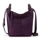 A purple suede crossbody bag with stitching details, an adjustable leather strap, and a simple, minimalist design.